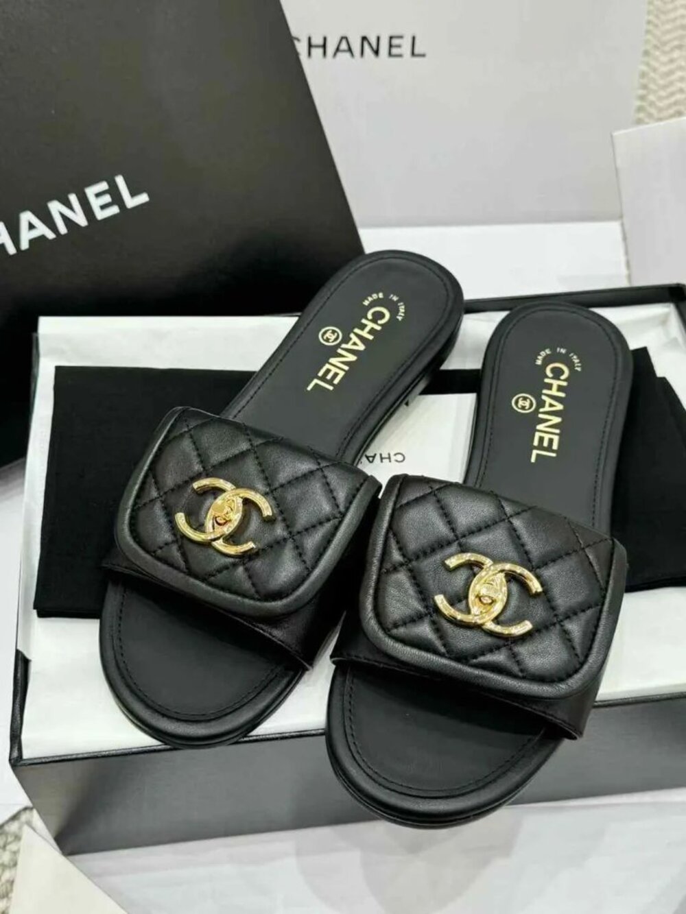 Chanel CC quilted sandals